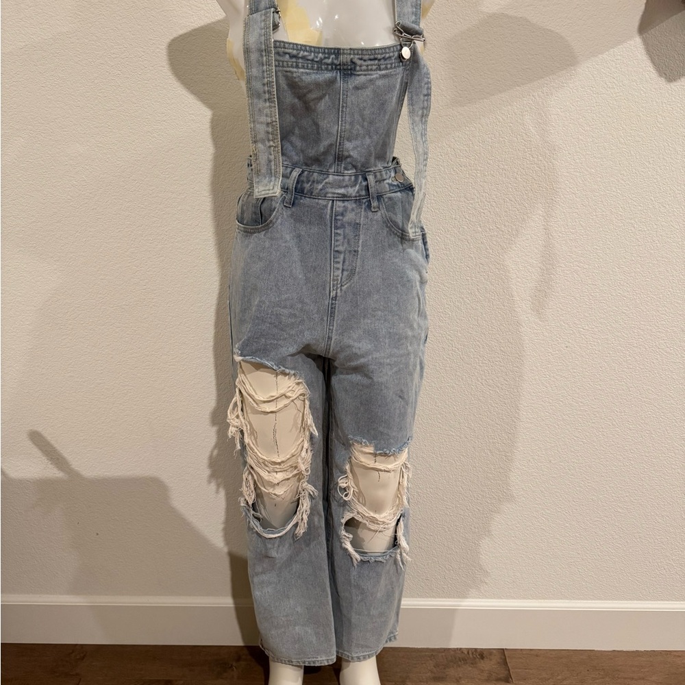 Trendy Light Blue Ripped Denim Overalls